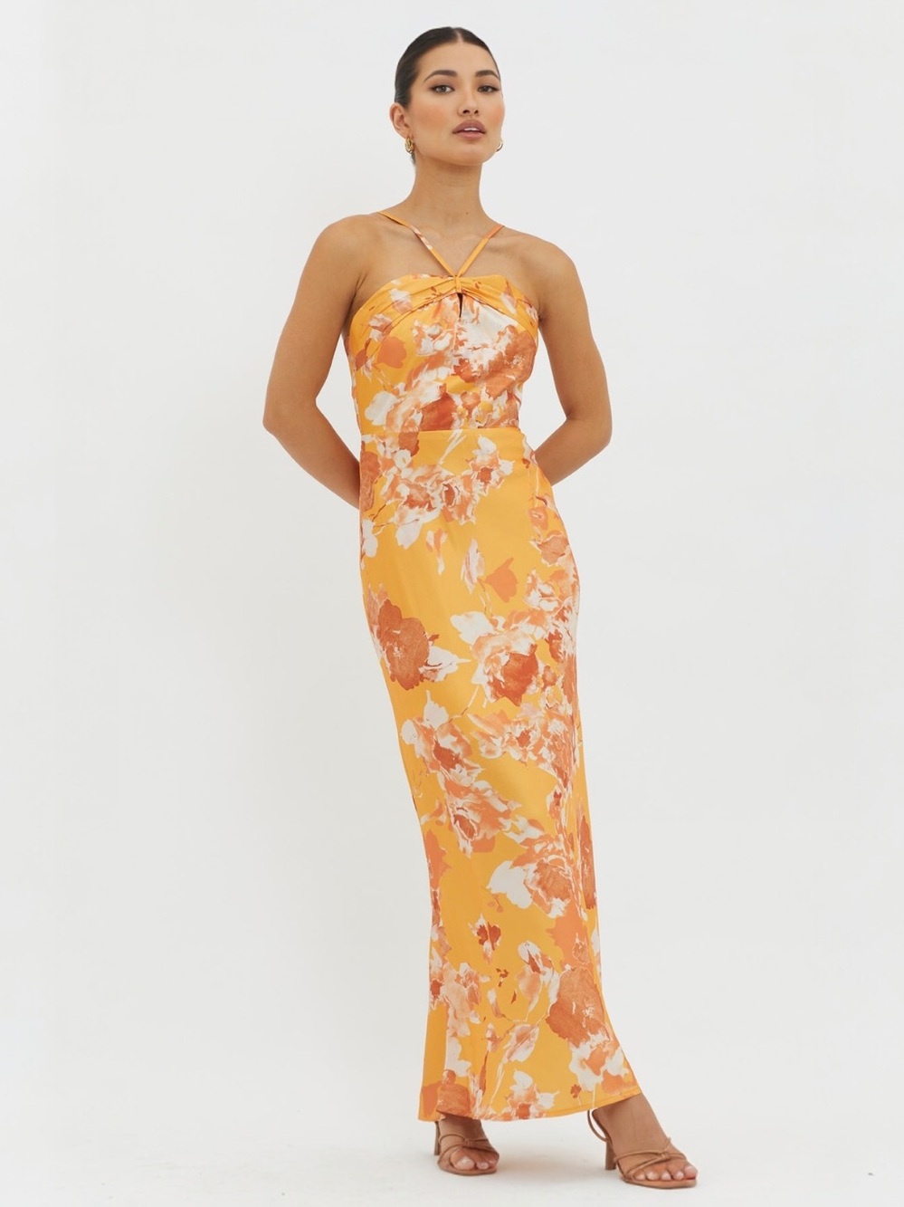 Here Comes The Sun Orange Floral Halter Foldover Neckline Maxi Dress Medium